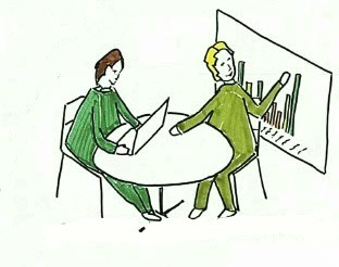 To personer sidder ved et bord og snakker ud fra billeder på PC og på en tavle