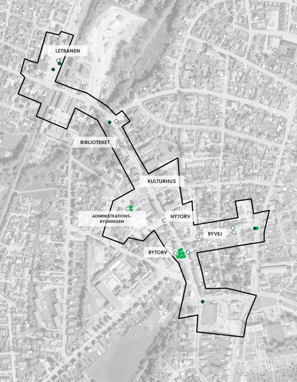 Oversigtskort der viser placeringen af de 25 krukker i projektet "Den grønne tråd"